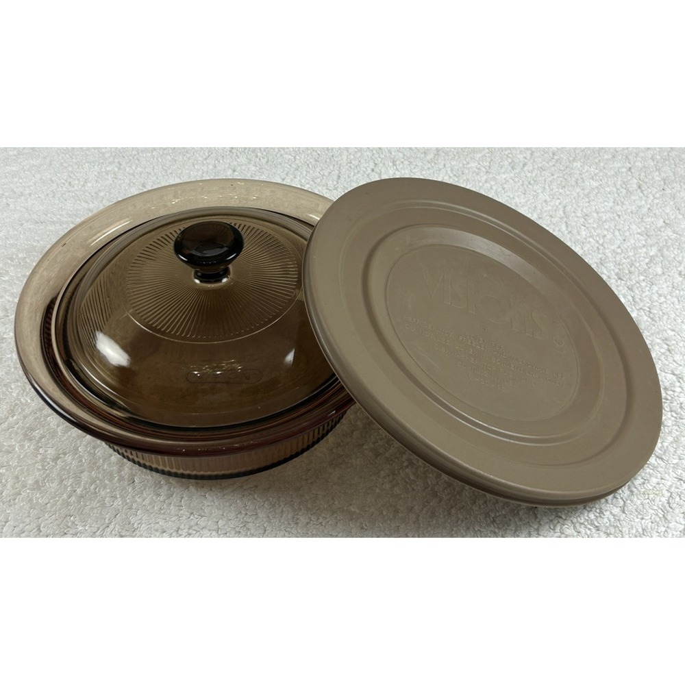 Vtg Corning Visions Ware Amber 24oz Ribbed Casserole Pyrex Lid & Cover Lid 3pc